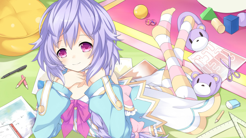 1girl, absurdres, bare_shoulders, braid, dress, feet, footwear_removed, hair_between_eyes, hand_on_own_chin, highres, indoors, kami_jigen_game_neptune_v, lavender_hair, legs_crossed, long_hair, looking_at_viewer, lying, neptune_(series), on_ground, on_stomach, paper, pens, pink_eyes, pururut, ruler, scissors, shoes_removed, single_shoe, slippers, smile, solo, striped, striped_legwear