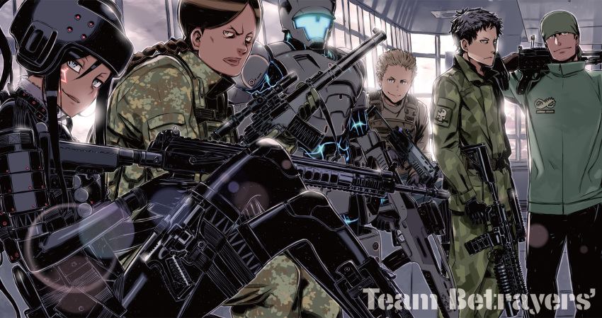 1girl, ak-104, assault_rifle, bandana, eva_(sao), facial_tatoo, facial_tattoo, grenade_launcher