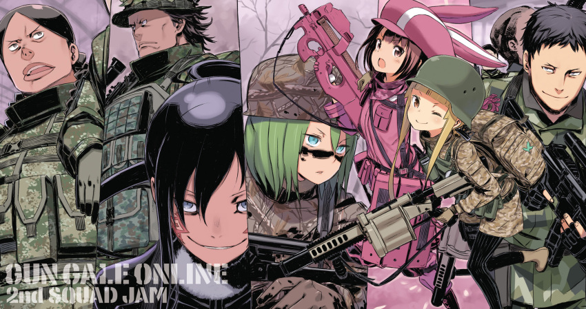 facial_tatoo, fukaziroh_(sao), grenade_launcher, gun, helmet, highres, kuroboshi_kouhaku, llenn_(sao)