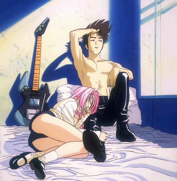 1boy, 1girl, 90s, black_footwear, guitar, hand_on_own_head, indoors, instrument