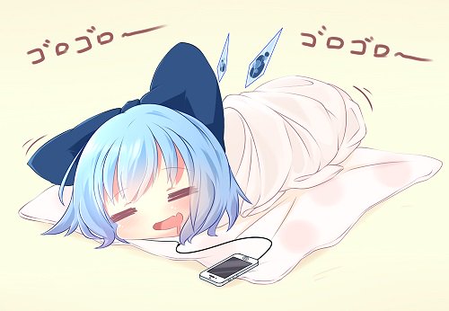 1girl, =_=, akisha, bad_id, bad_pixiv_id, bangs, bedroll, blue_bow