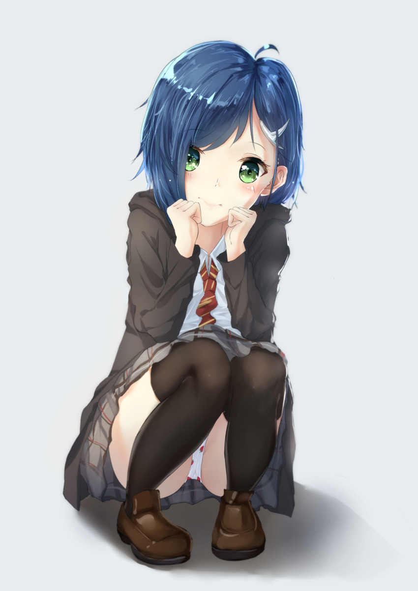1girl, absurdres, bangs, black_hoodie, black_legwear, blue_hair, blush, brown_footwear