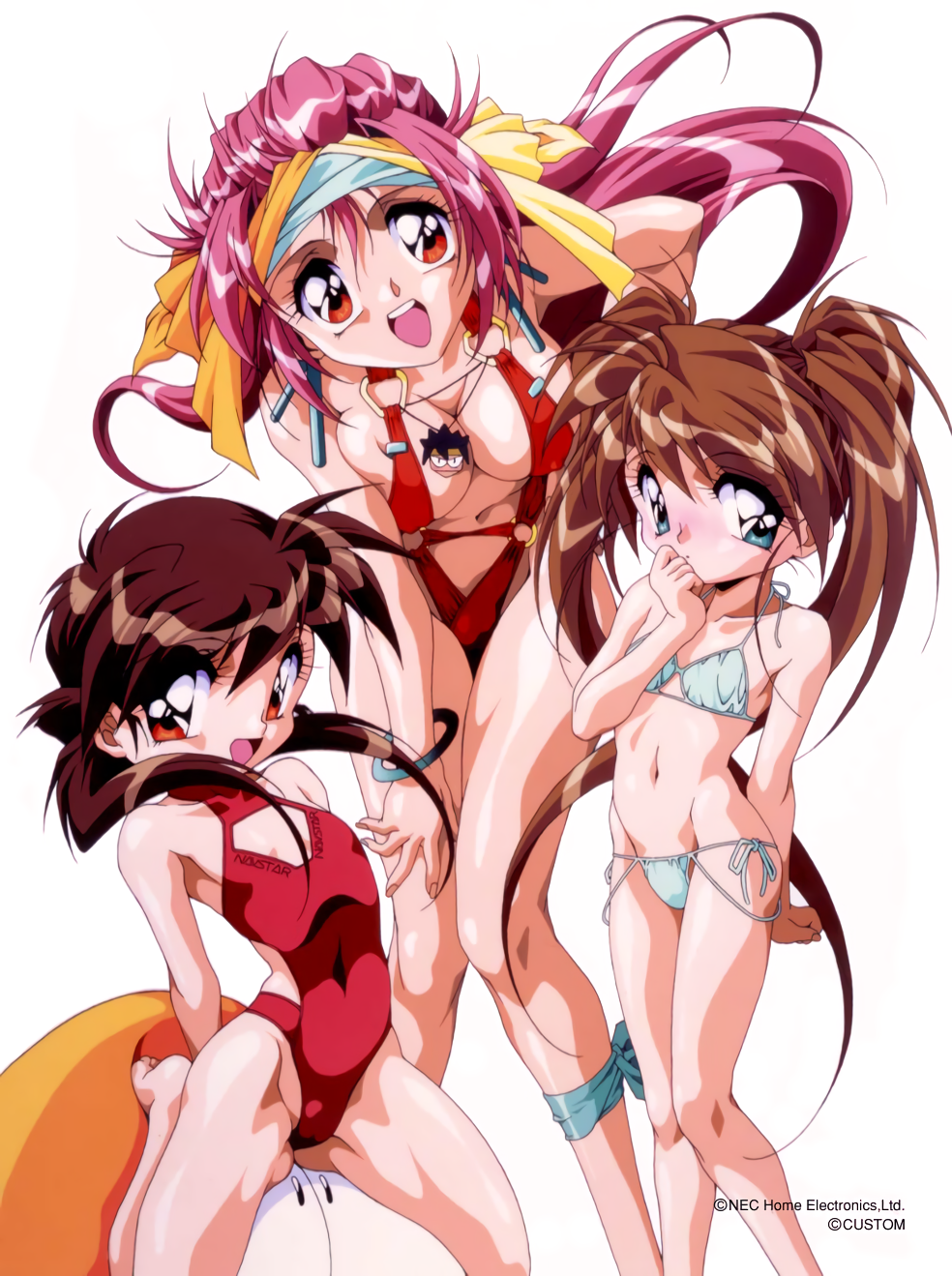 90s, alina_(chip-chan_kick!), arm_behind_back, barefoot, bikini, blue_eyes, blush, bracelet