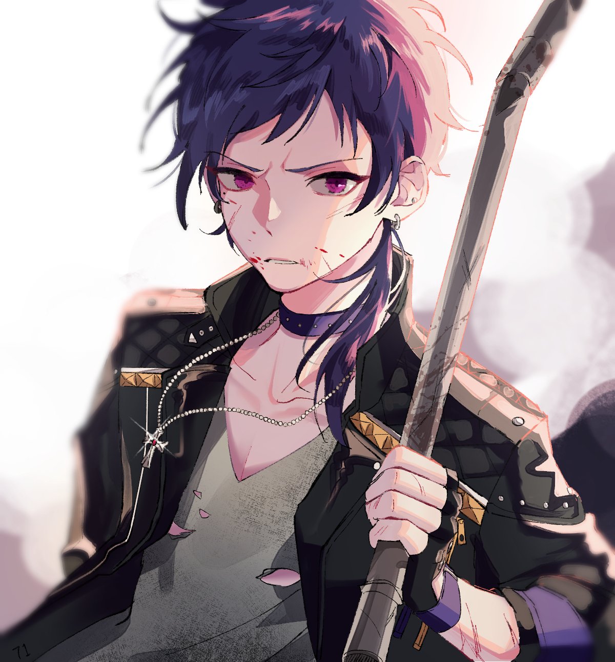 1boy, blue_hair, choker, crowbar, ear_piercing, ensemble_stars!, fingerless_gloves, fushimi_yuzuru