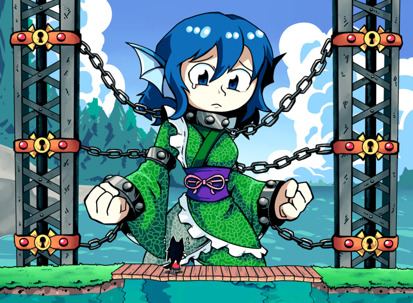 2girls, black_hair, blue_eyes, blue_hair, chains, clenched_hands, clouds, commentary