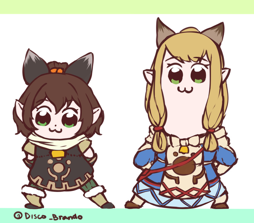 2girls, :3, bkub_(style), blonde_hair, bow, brown_hair, chibi, closed_mouth, contrapposto, disco_brando, eyebrows_visible_through_hair, fur_trim, green_eyes, hair_bow, highres, looking_at_viewer, meowstress, milsee, monster_hunter, monster_hunter_x, multiple_girls, original, parody, ponytail, poptepipic, robe, standing, twitter_username, white_background