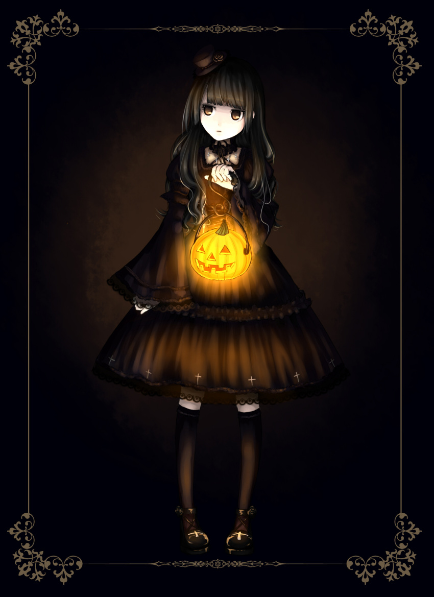brown_eyes, dress, gold_eyes, gothic, gothic_lolita, halloween, highres, jack-o'-lantern