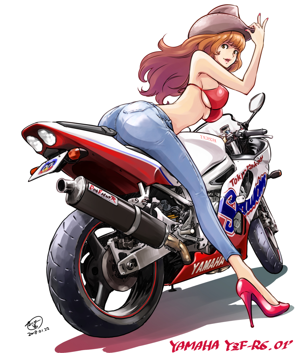 1girl, ass, bikini, bikini_top, breasts, brown_eyes, cowboy_hat, dated