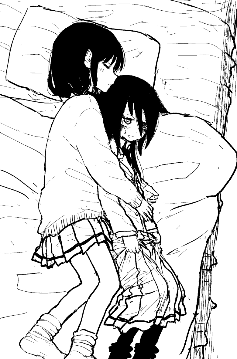 2girls, black_hair, blazer, blush, futon, jacket, kuroki_tomoko, long_hair