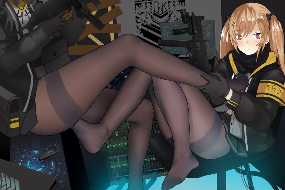 2girls, black_legwear, brown_hair, girls_frontline, gloves, gun, legs, multiple_girls