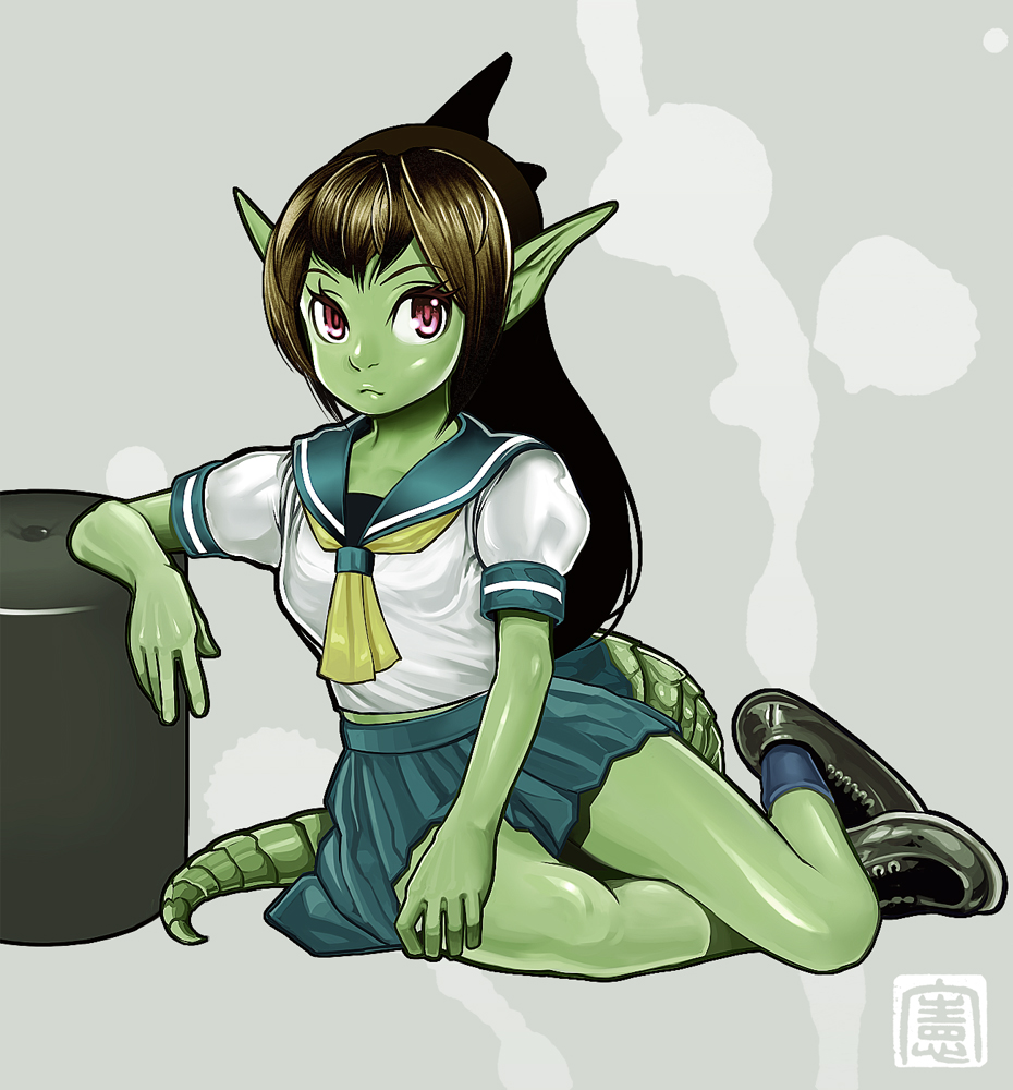 dragon_girl, dragon_tail, echizenya_tawara_no_kai_norihiko, green_skin, horns, long_hair, monster_girl, norihiko