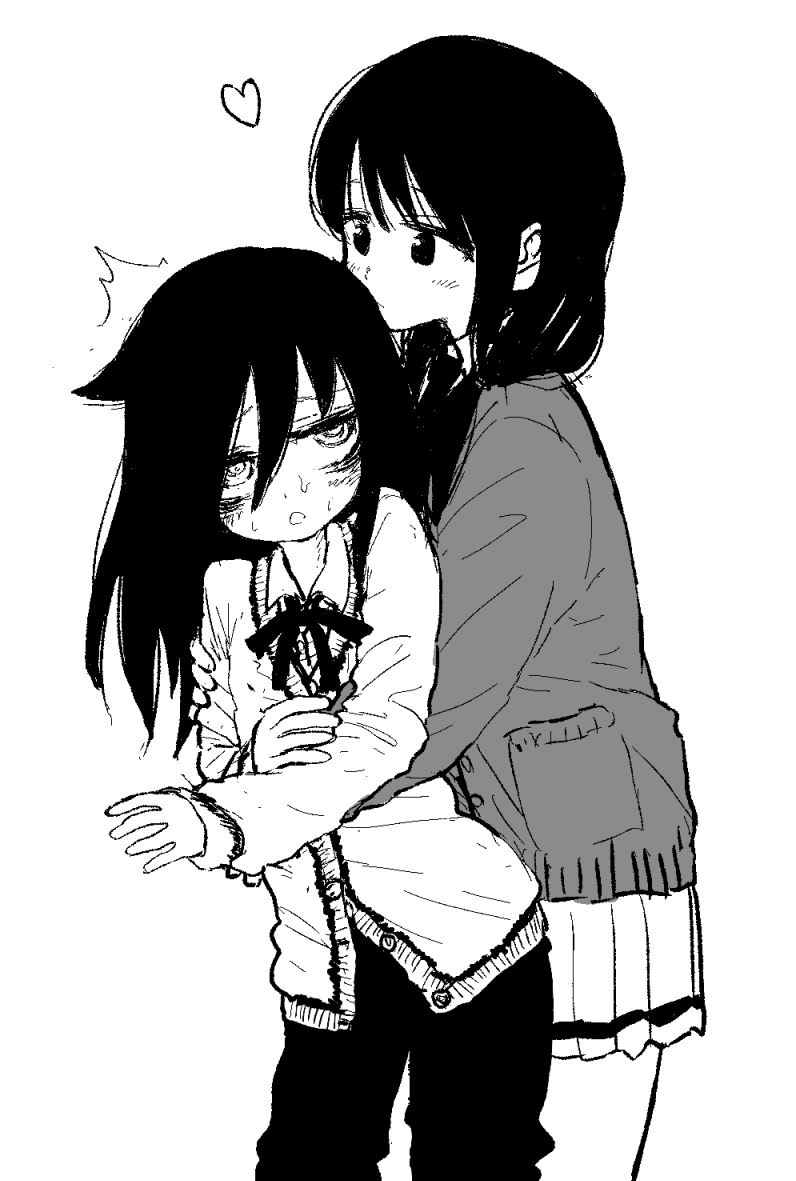 2girls, bangs, blush, greyscale, hair_between_eyes, heart, hug, kuroki_tomoko