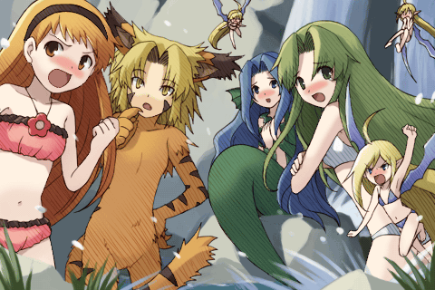ahoge, angry, animal_ears, bandeau, bikini, blonde_hair, blue_hair, blush, coco, embarrassed, fairy, fia, fur, game_cg, girl, green_hair, hairband, head_fins, long_hair, lowres, lyuri, mermaid, meute, monster_girl, multiple_girls, mursya, open_mouth, orange_hair, pointy_ears, riviera, short_hair, splash, swimsuit, tail, tobe_sunaho, tubetop, water, wings