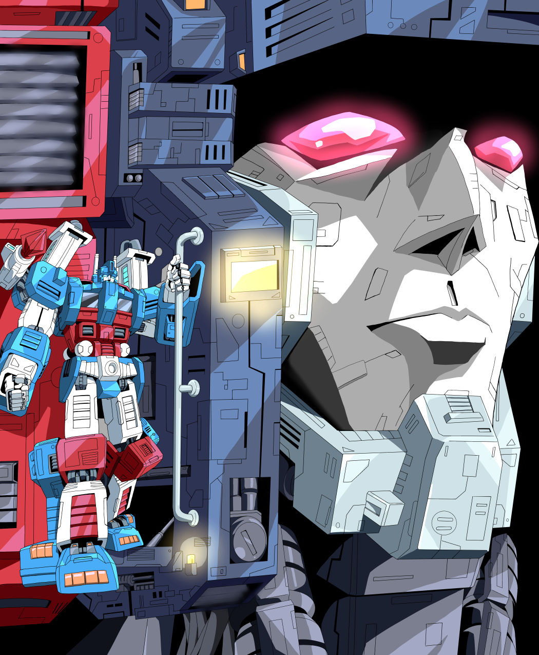 2boys, 80s, autobot, blue_eyes, closed_mouth, commentary_request, glowing, glowing_eyes, highres, metroplex, multiple_boys, no_humans, oldschool, qhon, red_eyes, standing, transformers, ultra_magnus