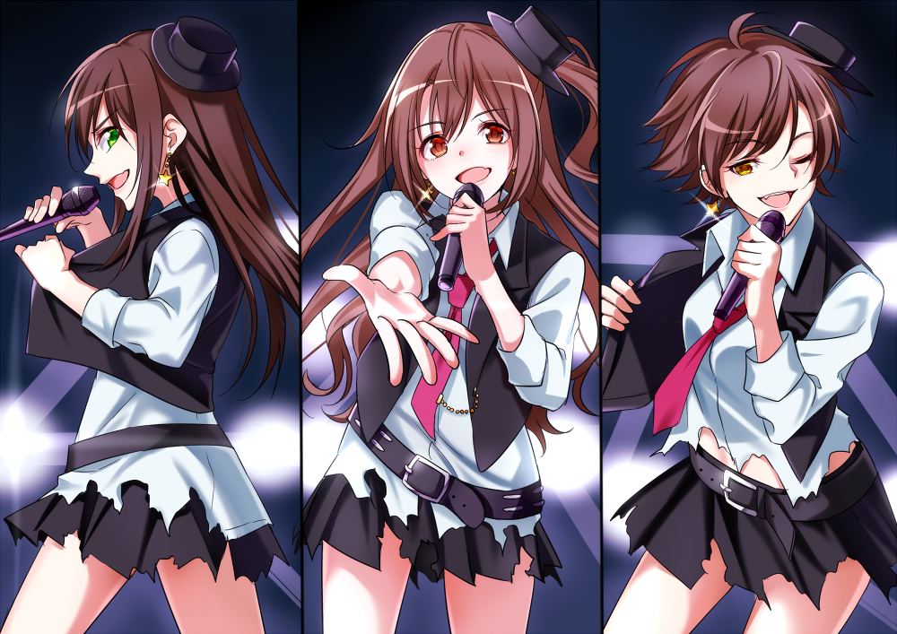 3girls, ;d, belt, black_hat, black_jacket, black_skirt, brown_eyes, brown_hair