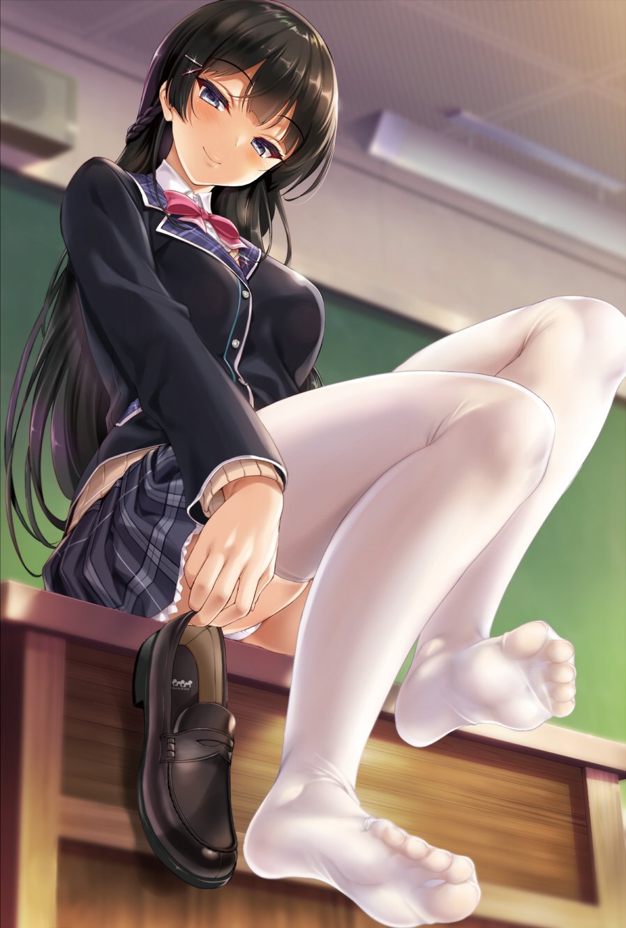 1girl, bangs, black_hair, black_jacket, blazer, blue_eyes, blunt_bangs, blush, bow, bowtie, braid, breasts, classroom, closed_mouth, desk, eyebrows_visible_through_hair, eyelashes, feet, french_braid, from_below, grey_skirt, hair_ornament, hairclip, highres, indoors, jacket, kure_masahiro, legs, loafers, long_hair, looking_at_viewer, looking_down, medium_breasts, nijisanji, panties, pink_bow, pink_neckwear, plaid, plaid_skirt, pleated_skirt, shiny, shiny_hair, shoes, shoes_removed, sitting, skirt, smile, solo, the_human_centipede, thigh-highs, thighs, tsukino_mito, tsurime, underwear, white_legwear, white_panties