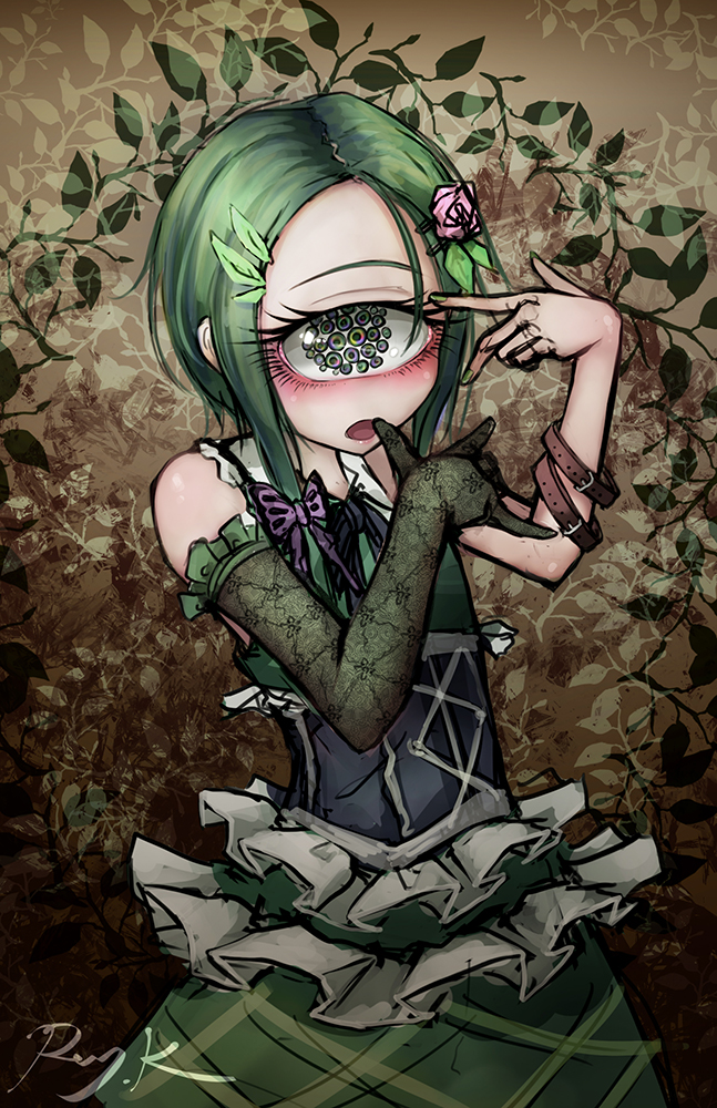 1girl, arm_belt, bare_shoulders, commentary_request, cyclops, dress, elbow_gloves, flower