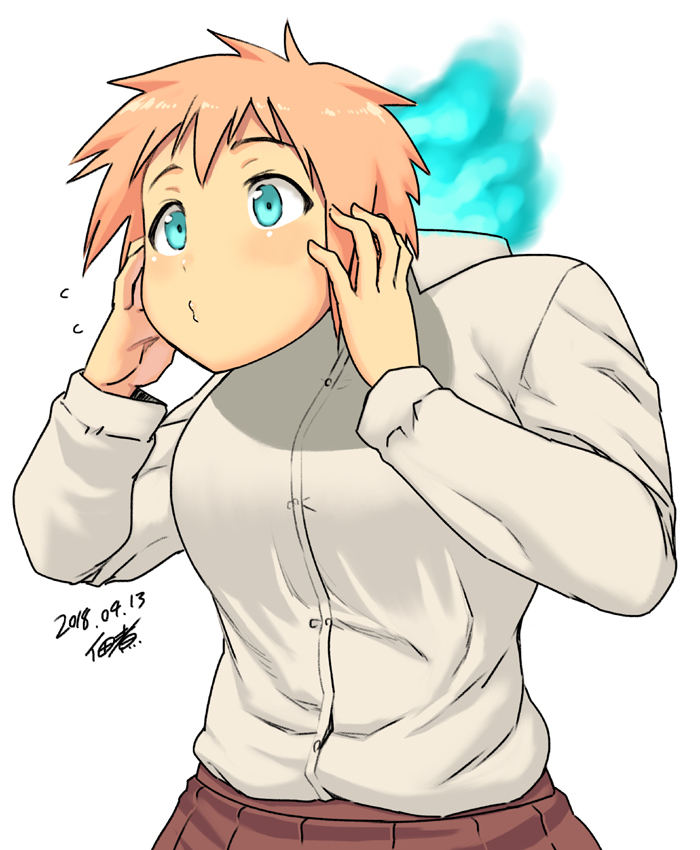 1girl, blue_eyes, blue_fire, brown_skirt, closed_mouth, collared_shirt, dated, demi-chan_wa_kataritai