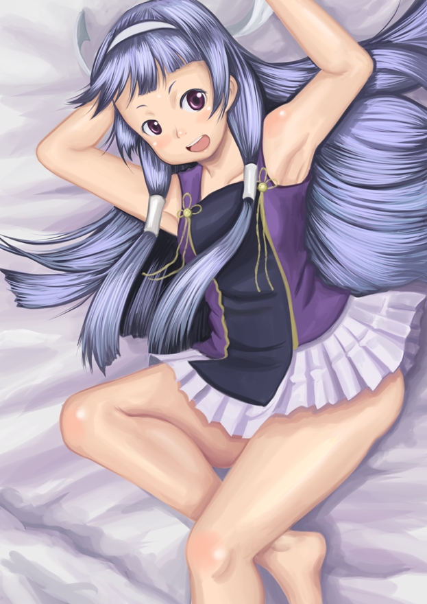bangs, barefoot, bed, blue_hair, blunt_bangs, hair_tubes, kannagi, long_hair