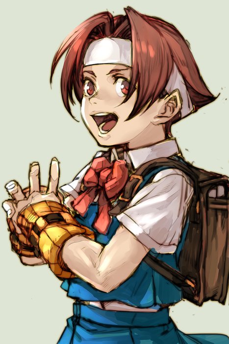 1girl, :d, backpack, bag, bangs, blue_skirt, blue_vest, bow