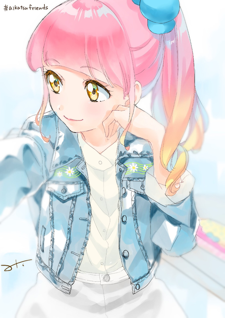 1girl, aikatsu!_(series), aikatsu_friends!, alternate_hairstyle, bangs, brown_eyes, casual, copyright_name