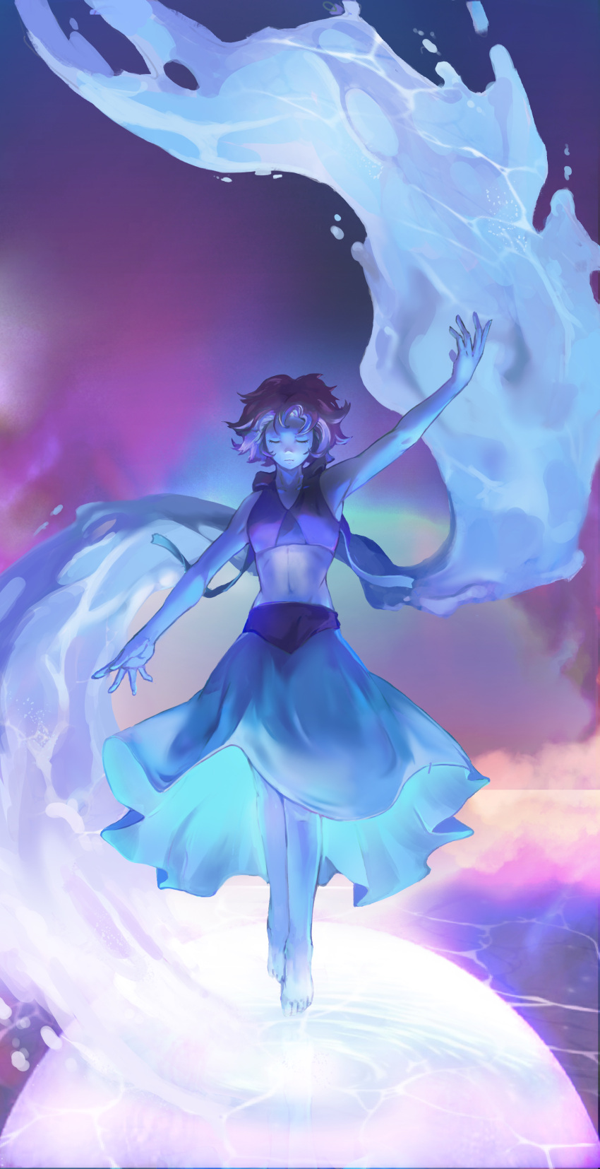 1girl, absurdres, arm_up, back_bow, barefoot, blue_hair, blue_skin, closed_eyes, element_bending, elemental_wings, feet, full_body, highres, lapis_lazuli_(steven_universe), long_skirt, navel, night-old, ribbon, short_hair, skirt, solo, steven_universe, stomach, toes, toned, water, wings