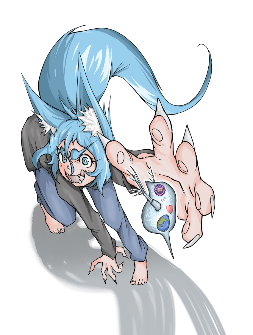 1girl, absurdres, all_fours, amoeba, animal_ears, barefoot, blue_eyes, blue_hair