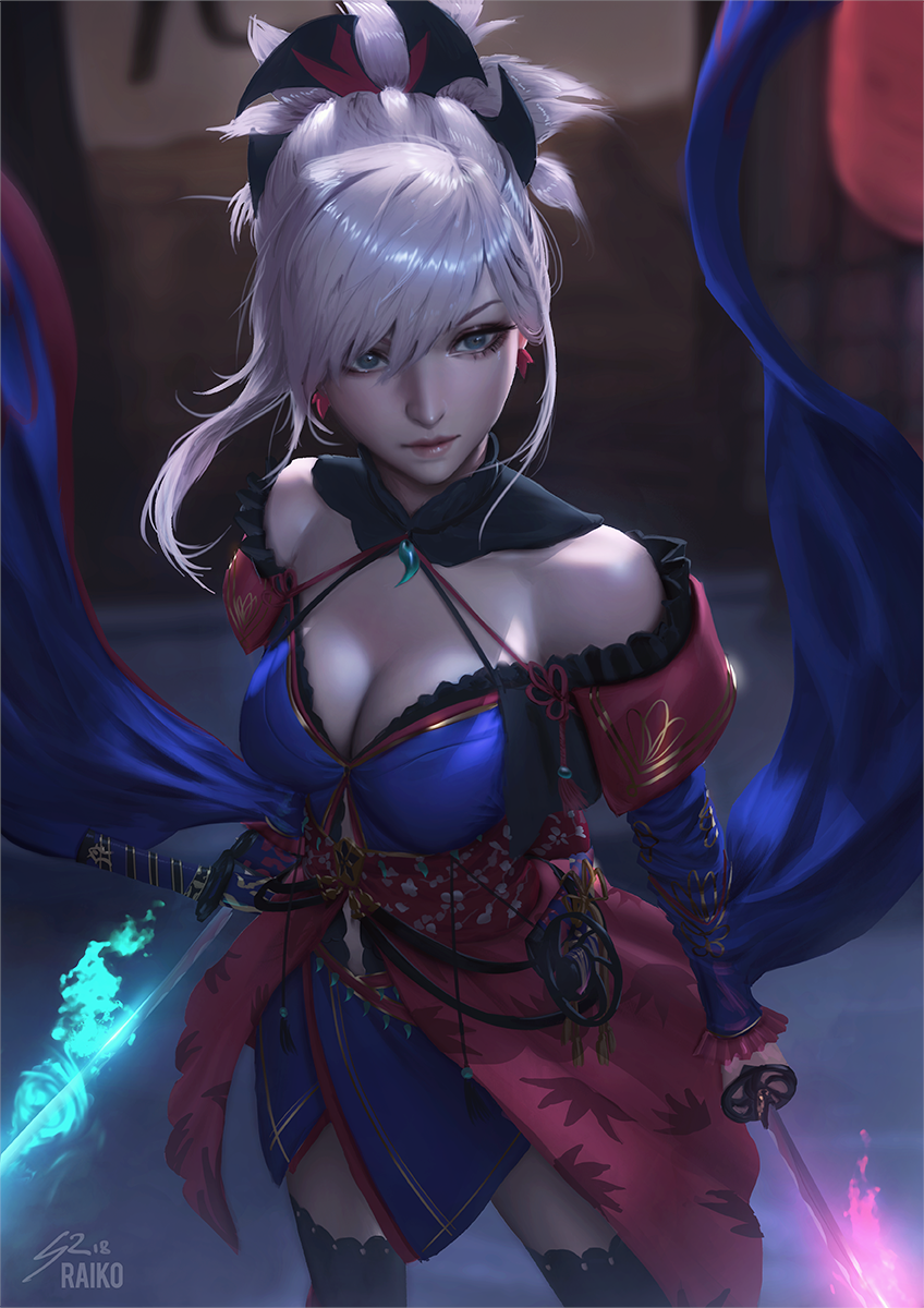 1girl, asymmetrical_hair, bare_shoulders, blue_eyes, blue_kimono, breasts, cleavage, closed_mouth