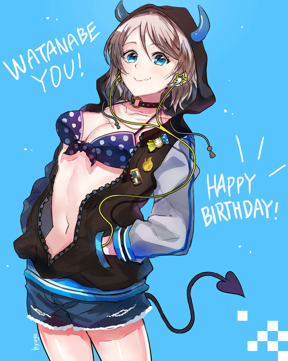 1girl, artist_name, badge, bikini_top, blue_background, blue_eyes, button_badge, character_name