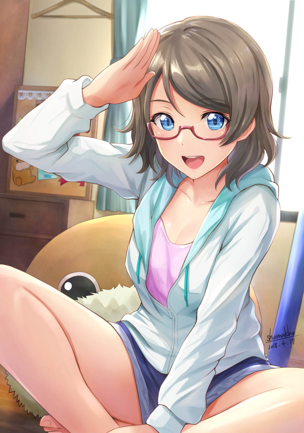 1girl, bedroom, blue_eyes, eyebrows_visible_through_hair, glasses, grey_hair, highres, hood