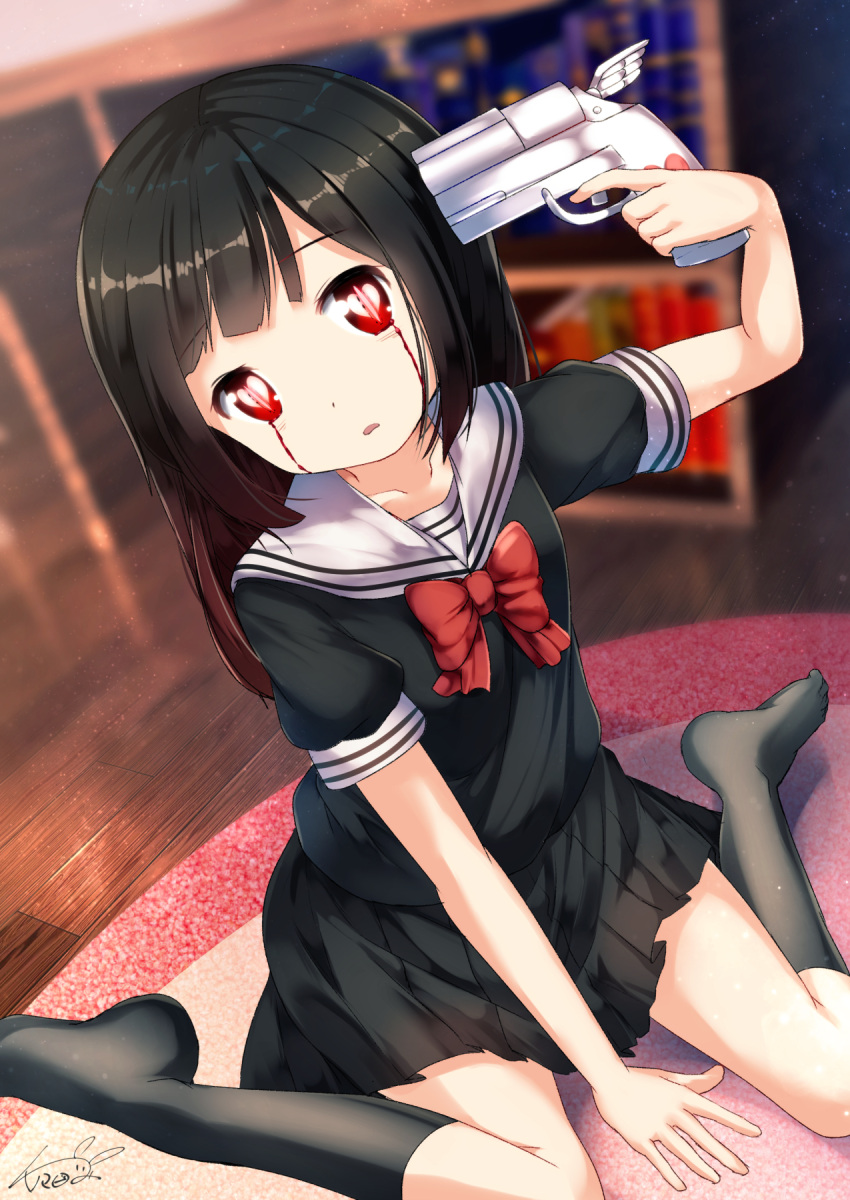 1girl, arm_between_legs, arm_support, asagiri_aya, bangs, black_hair, black_legwear, black_serafuku