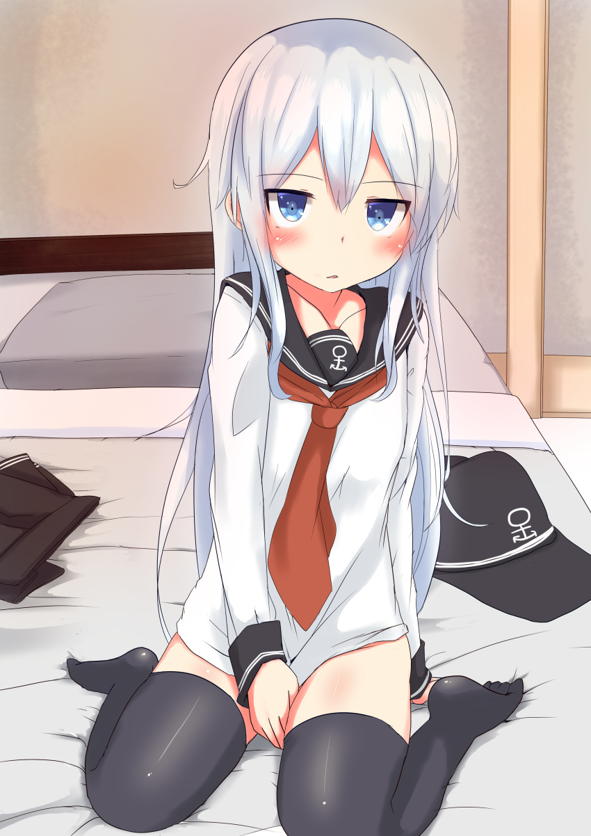 1girl, absurdres, bed, blue_eyes, blush, closed_mouth, dress, eyebrows_visible_through_hair