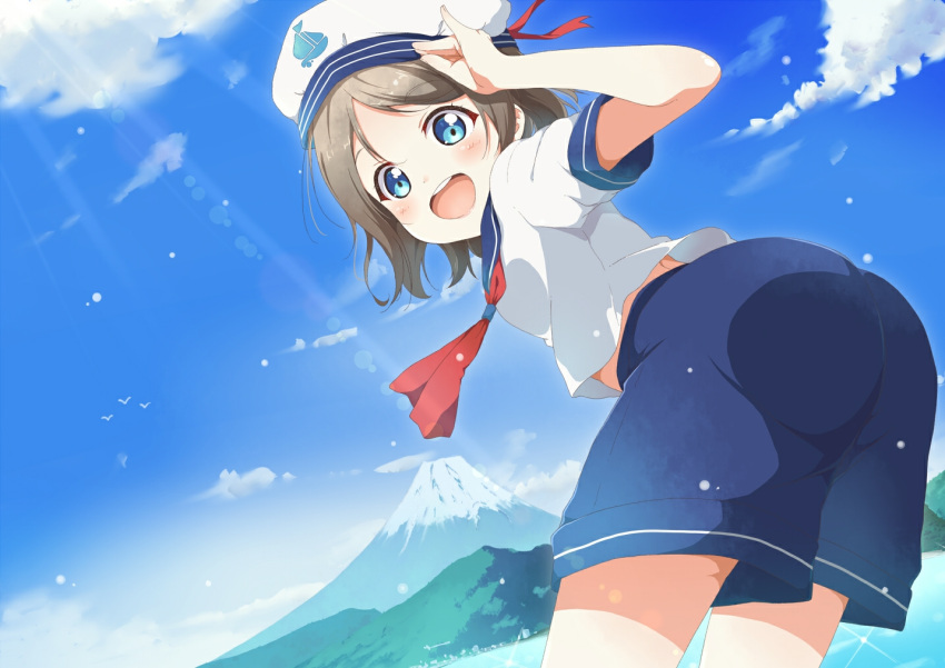 1girl, :d, bent_over, blue_eyes, blue_shorts, commentary_request, grey_hair, hat
