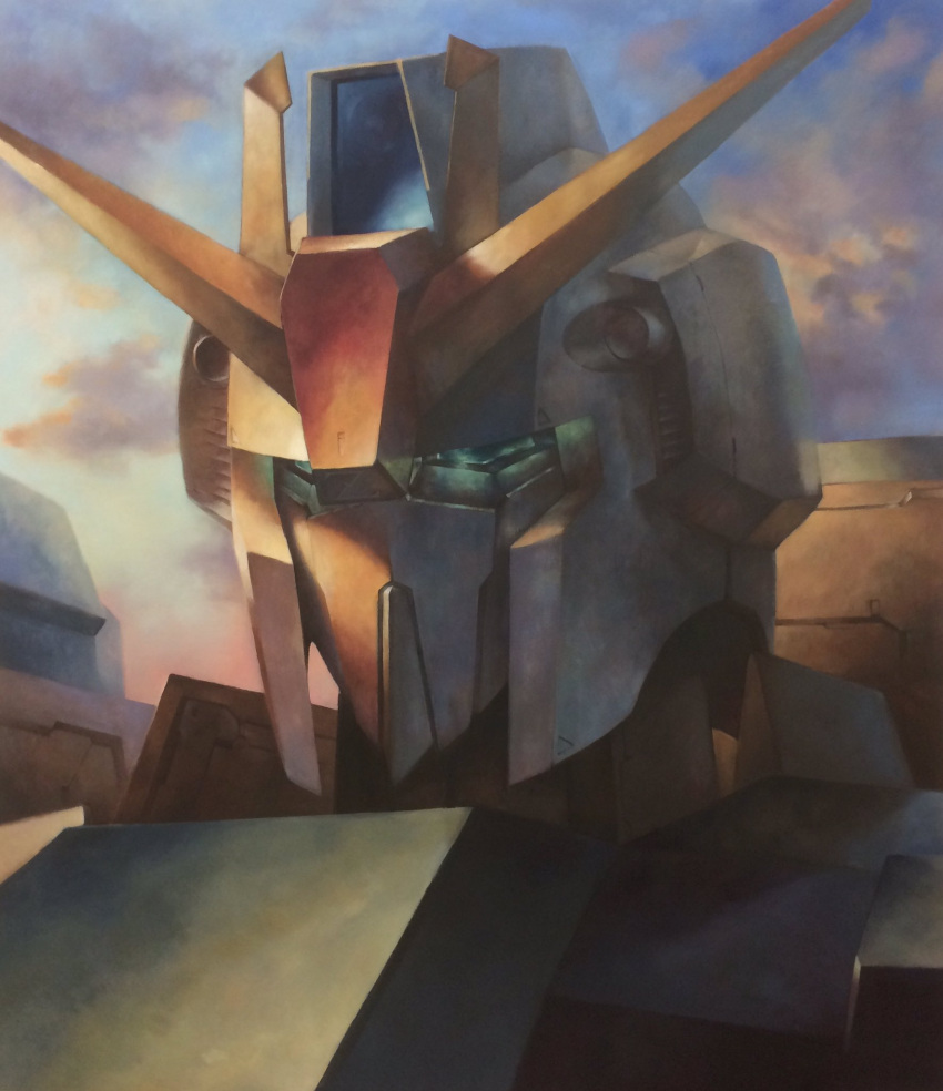 close-up, daue, green_eyes, gundam, highres, mecha, no_humans, oil_painting_(medium)