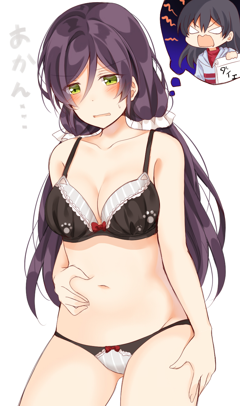 10s, 1girl, angry, belly_grab, black_bra, black_hair, blush, bra, breasts, cat_bra, cleavage, collarbone, cowboy_shot, green_eyes, hair_between_eyes, hand_on_own_thigh, highres, hood, hood_down, hoodie, imagining, large_breasts, long_hair, love_live!, love_live!_school_idol_project, low_twintails, midriff, mogu_(au1127), navel, open_mouth, panties, paw_print, pinching, purple_hair, simple_background, solo, sonoda_umi, thought_bubble, toujou_nozomi, twintails, underwear, underwear_only, wavy_mouth, weight_conscious, white_background, white_scrunchie