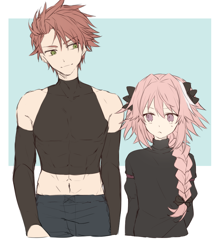 2boys, :<, astolfo_(fate), bangs, bare_shoulders, black_bow, black_shirt, blue_background