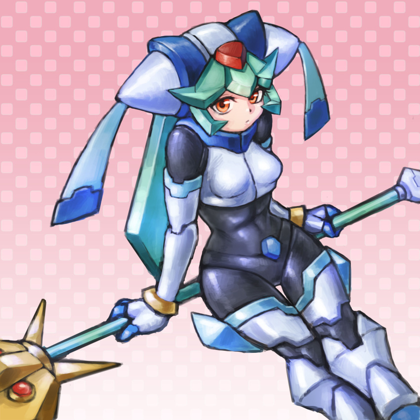 1girl, android, bodysuit, bracelet, breasts, capcom, drill_(emilio), green_hair