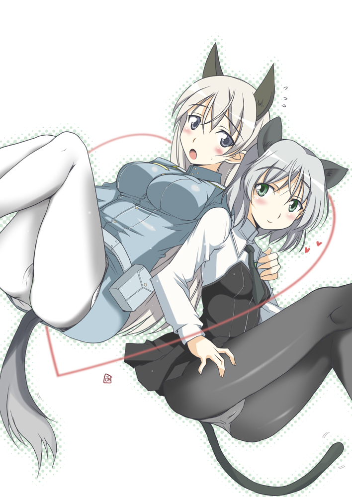 animal_ears, aoi_manabu, black_legwear, blue_eyes, blush, eila_ilmatar_juutilainen, green_eyes, heart