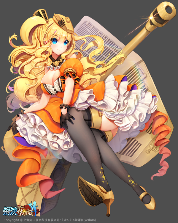 1girl, 61um, black_legwear, blonde_hair, blue_eyes, breasts, brown_footwear, cleavage, dress, frilled_dress, frills, full_body, glint, grey_background, hair_ornament, hand_on_own_knee, hat, high_heels, invisible_chair, large_breasts, looking_to_the_side, official_art, orange_dress, panzer_waltz, puffy_sleeves, sitting, smile, solo, two_side_up, watermark, yellow_hat
