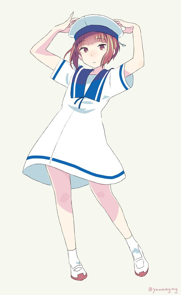 1girl, auburn_hair, blue_sailor_collar, brown_eyes, brown_hair, cosplay, dress, full_body