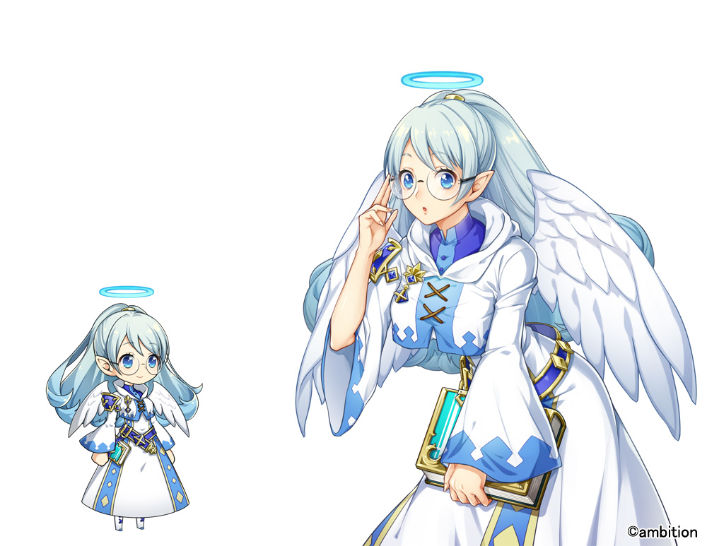 adjusting_eyewear, aki_no_jikan, angel_wings, arms_at_sides, belt, book, breasts, character_request