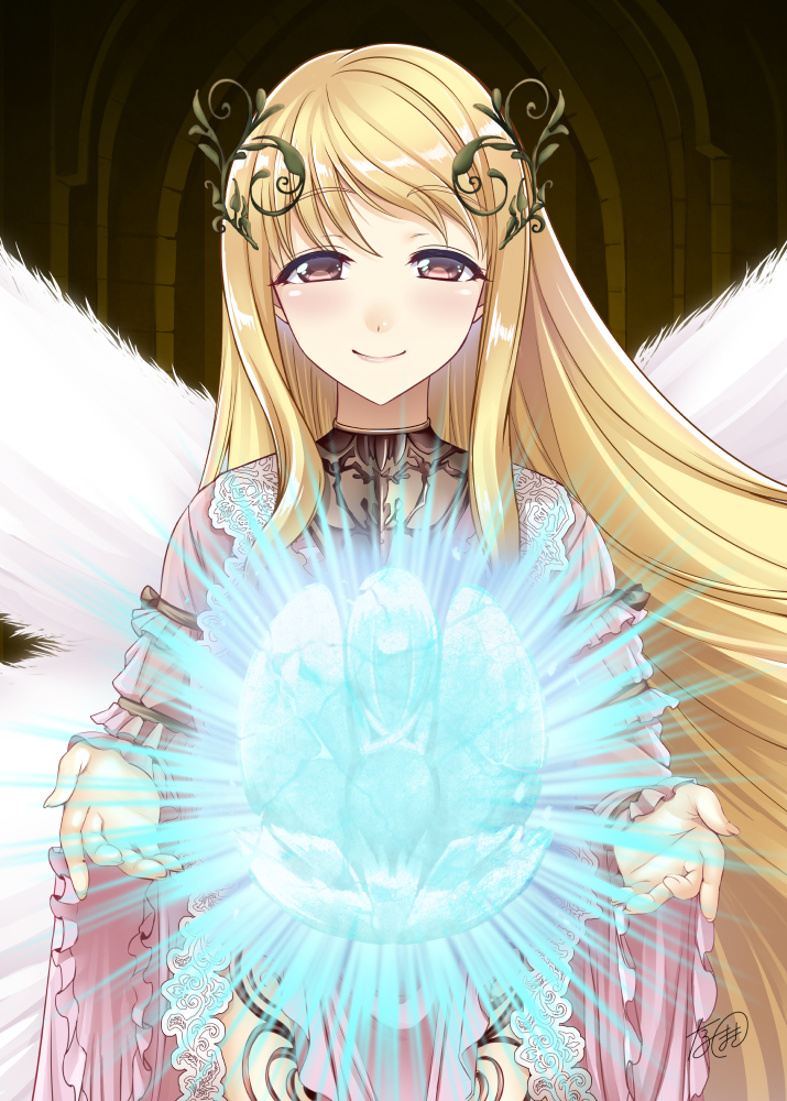 aigis_(sennen_sensou_aigis), arch, blonde_hair, blush, dark_background, derivative_work, dress, frills