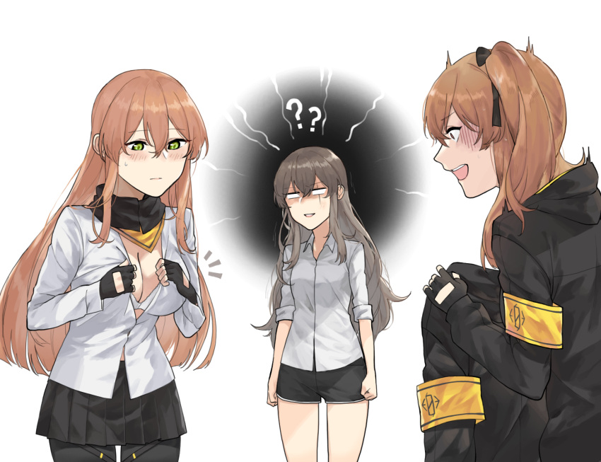 3girls, ??, alternate_costume, anger_vein, armband, bangs, black_gloves, black_legwear