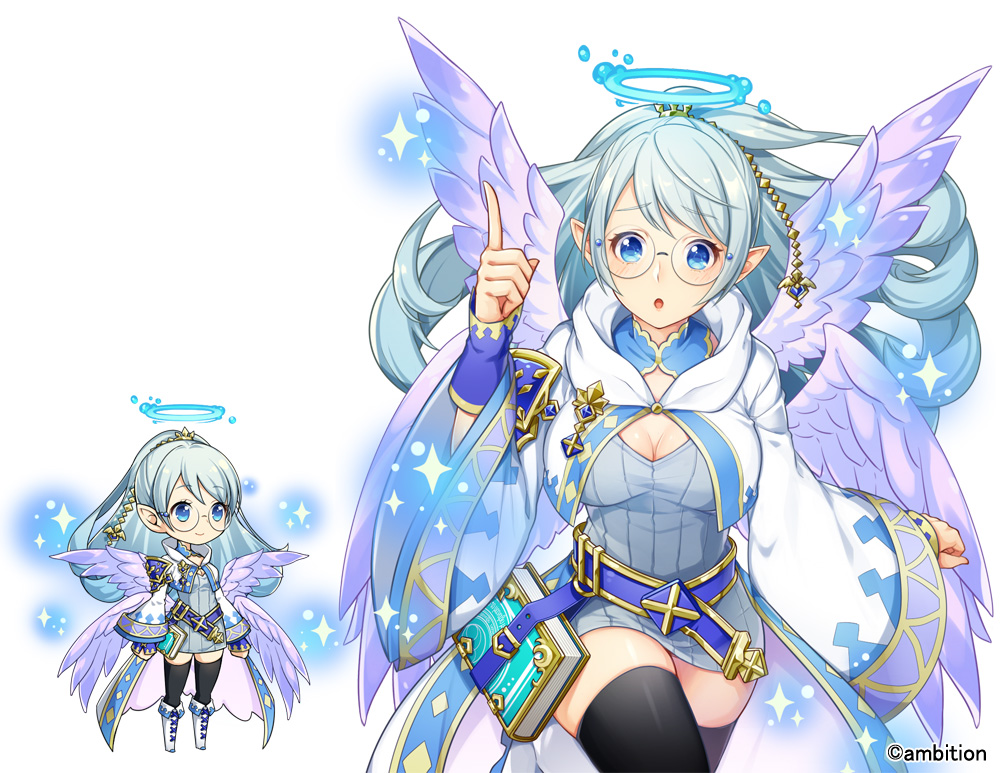 aki_no_jikan, angel_wings, arms_at_sides, belt, black_legwear, book, breasts, character_request