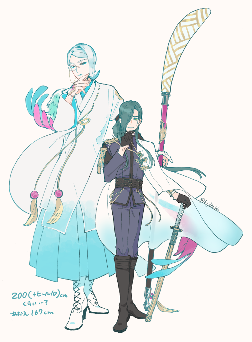 2boys, blue_hair, boots, cape, cross-laced_footwear, eyeliner, finger_to_chin, green_hair