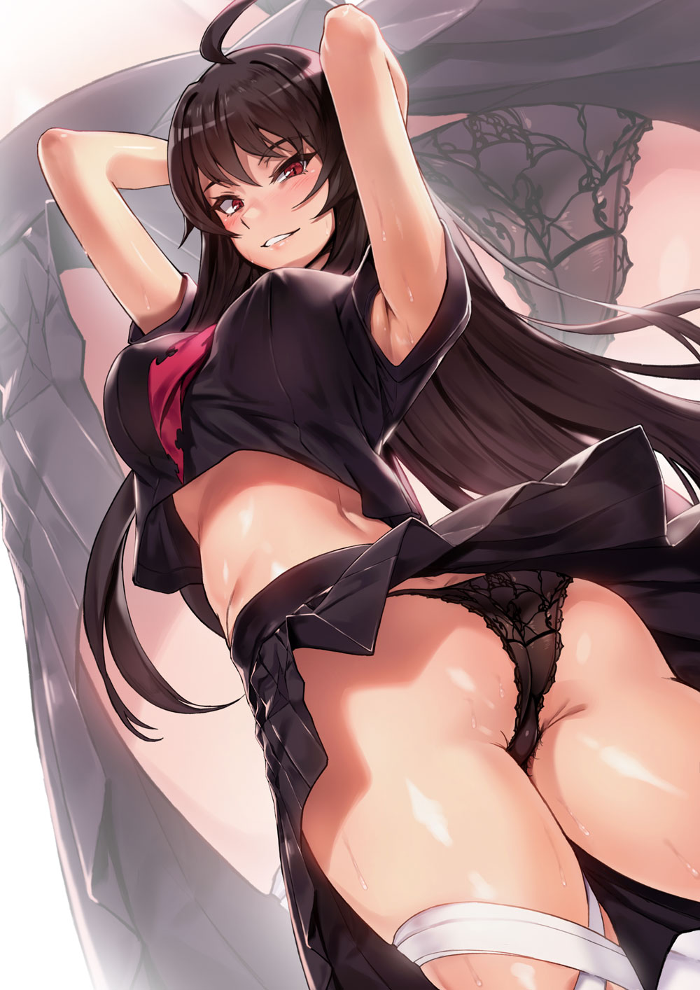 1girl, ahoge, armpit_peek, armpits, ass, bangs, black_hair, black_panties