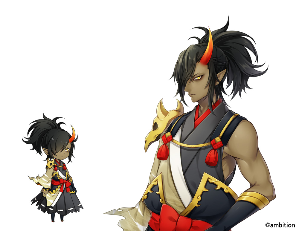 aki_no_jikan, arms_at_sides, black_hair, black_legwear, dark_skin, dark_skinned_male, hair_over_one_eye, horn