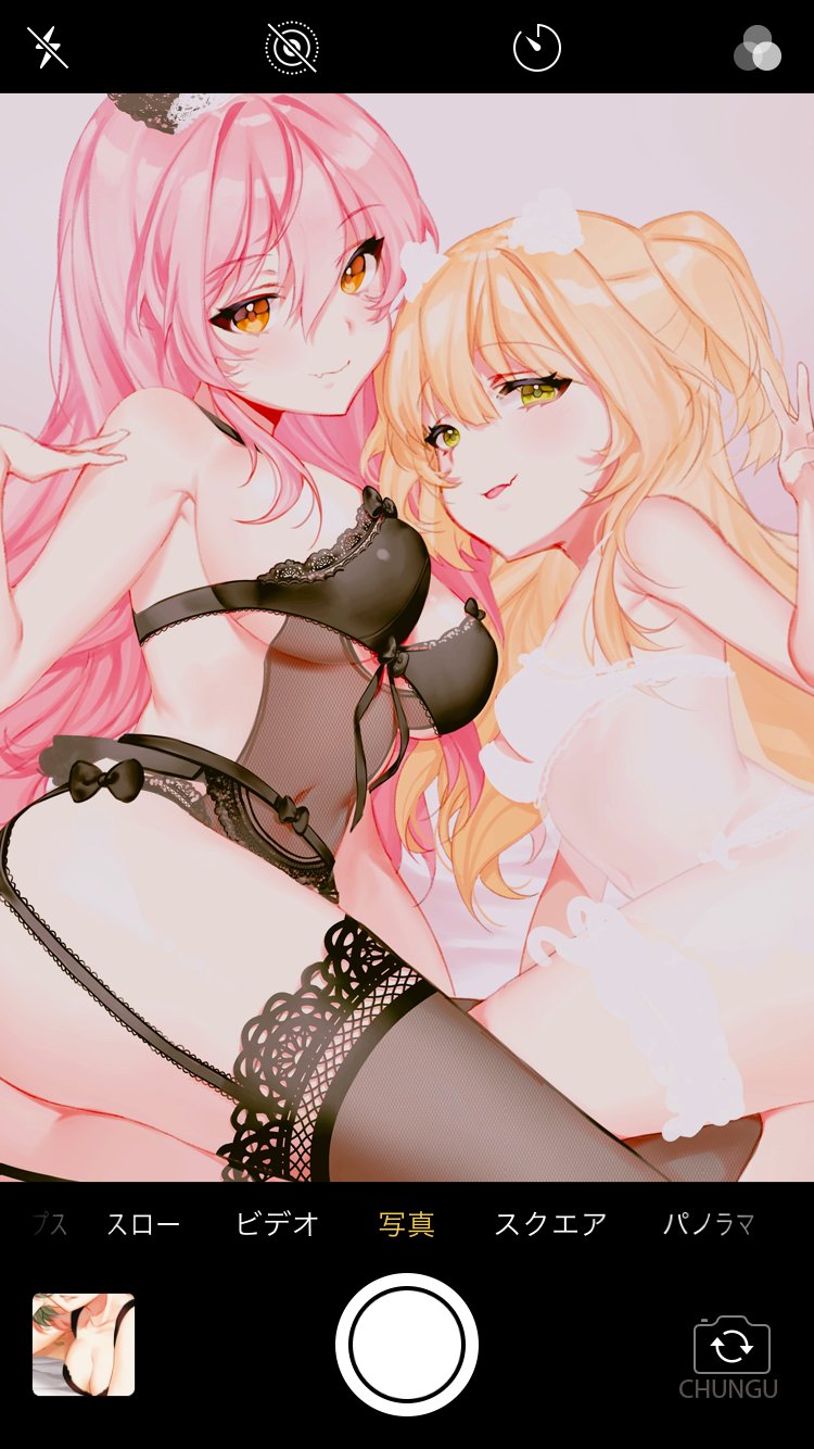 2girls, blonde_hair, bow, bra, breasts, cellphone_picture, chungu, closed_mouth