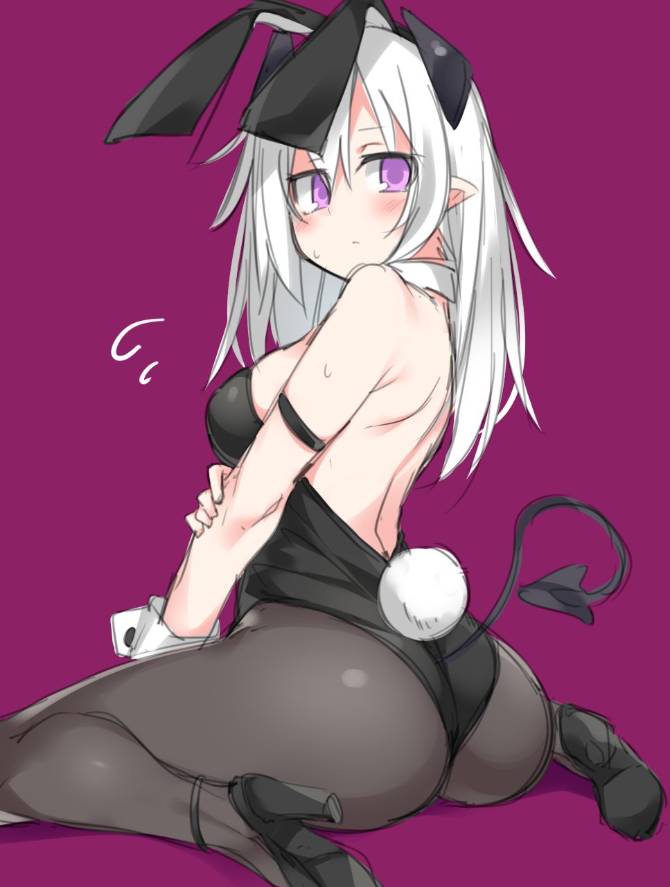 1girl, :<, abarabone, animal_ears, armlet, ass, black_legwear, blush