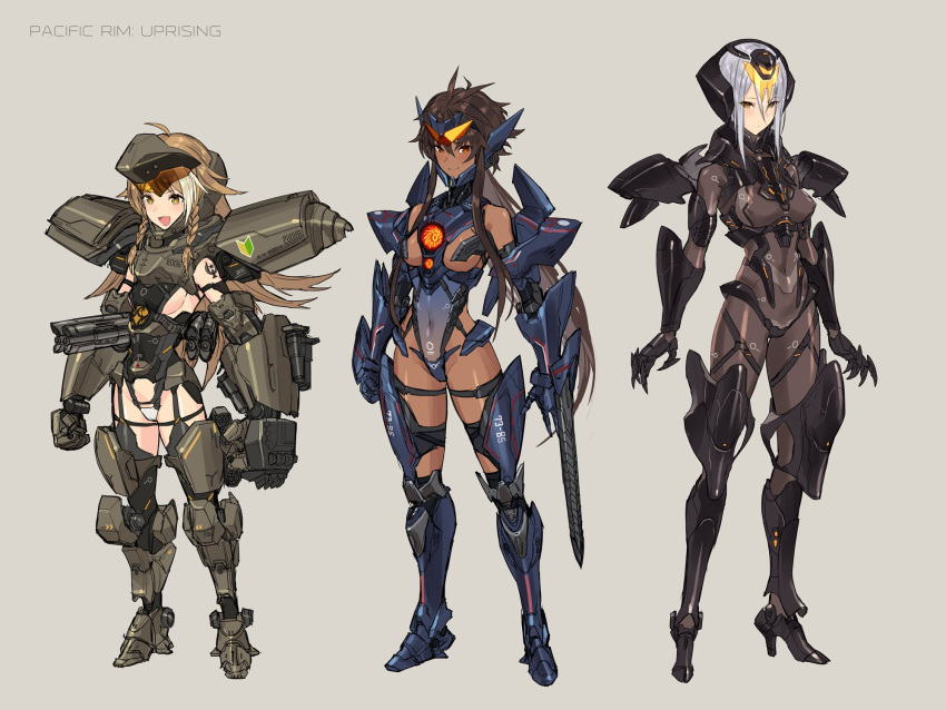 :d, bodysuit, bow, bracer_phoenix, braid, breasts, brown_eyes, brown_hair, covered_navel, dark_skin, erect_nipples, flipped_hair, full_body, gauntlets, gipsy_avenger, greaves, hair_bow, headphones, highres, leotard, light_brown_hair, long_hair, mecha_musume, medium_breasts, multicolored_hair, obsidian_fury, open_mouth, pacific_rim, pacific_rim:_uprising, personification, short_hair, sideboob, sidelocks, sigm@, silver_hair, simple_background, smile, standing, streaked_hair, twin_braids, very_long_hair, yellow_eyes
